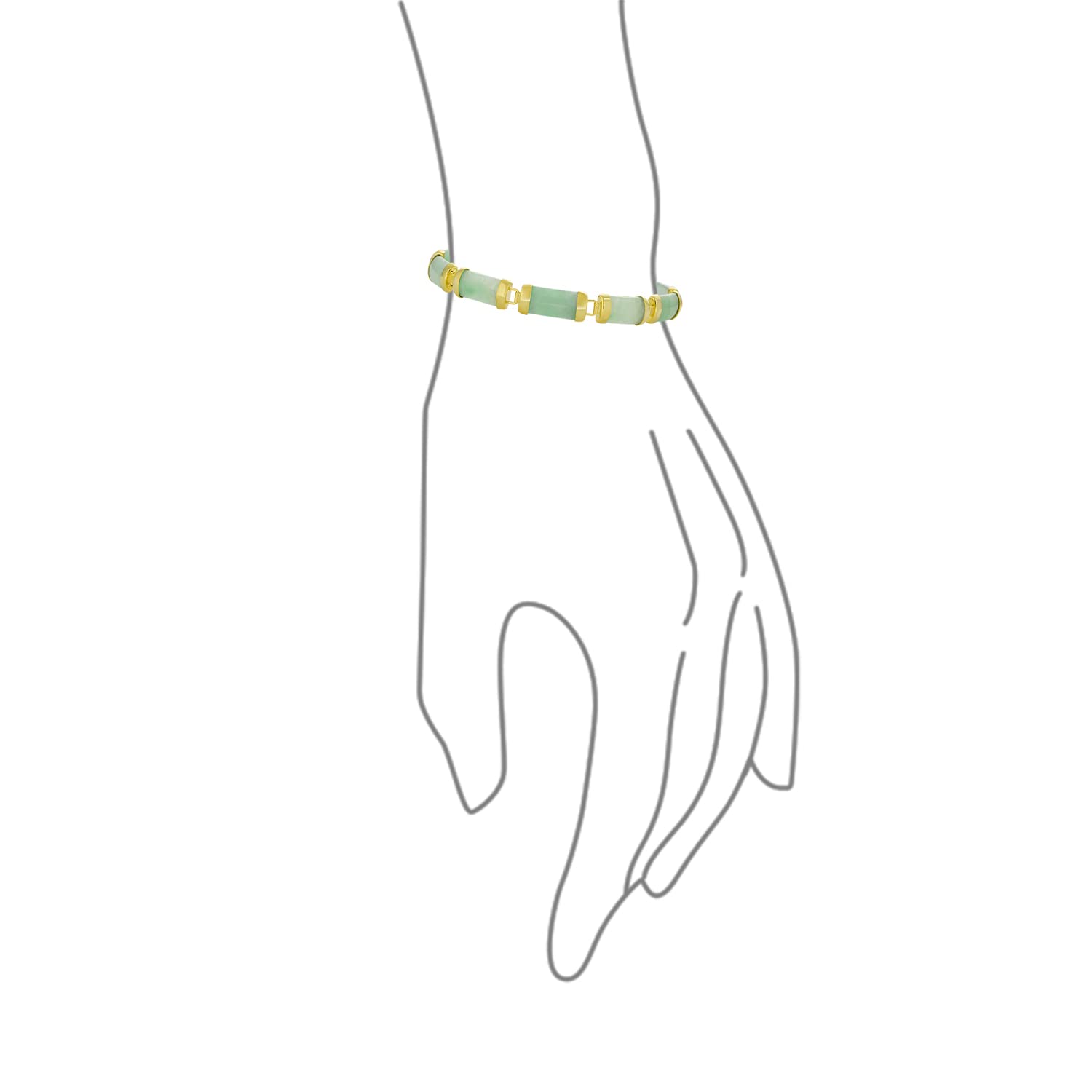 Asian Style Gemstone Genuine Light Green Jade Strand Contoured Tube Bar Link Bracelet For Women 14K Yellow Gold Plated .925 Sterling Silver 7.5 Inch