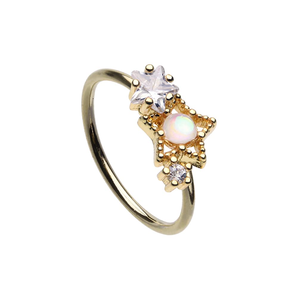 Pierced Owl 20GA Gold Tone CZ Crystal and Synthetic Opal Center Star Cluster Bendable Nose Ring