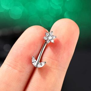 COCHARM Flower 14G Belly Button Ring Silver Small Belly Rings for Women Short Bar Curved Barbell Hypoallergenic Clear CZ Belly Navel Piercing Jewelry