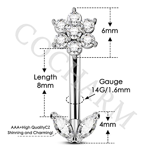 COCHARM Flower 14G Belly Button Ring Silver Small Belly Rings for Women Short Bar Curved Barbell Hypoallergenic Clear CZ Belly Navel Piercing Jewelry