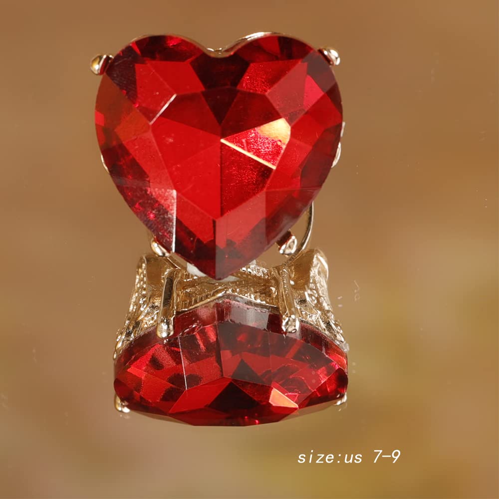 YERTTER Wedding Gold Red Crystal Giant Heart Ring Promise Women Statement Ring Rhinestone Love Ring Exaggerated Cocktail Ring Vintage Ring for Wedding Women Girls (Red）