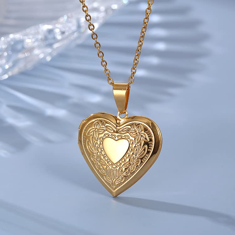 Vintage Engraved Flower Locket Picture Pendant Necklace Antique Carved Pattern Oval Heart Pendant Necklace For Women Hold Picture Souvenir Memorial Jewelry(Gold Heart 1)