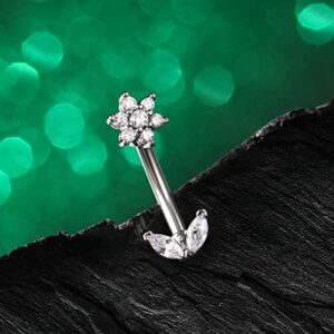 COCHARM Flower 14G Belly Button Ring Silver Small Belly Rings for Women Short Bar Curved Barbell Hypoallergenic Clear CZ Belly Navel Piercing Jewelry