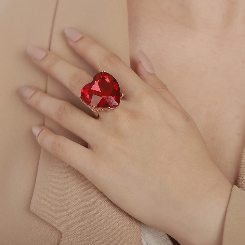 YERTTER Wedding Gold Red Crystal Giant Heart Ring Promise Women Statement Ring Rhinestone Love Ring Exaggerated Cocktail Ring Vintage Ring for Wedding Women Girls (Red）