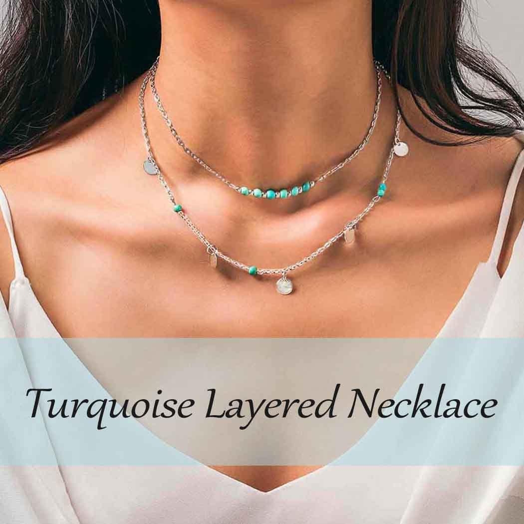 Tgirls Boho Turquoise Necklace Silver Sequin Pendant Necklace Layered Beaded Necklaces Chain Western Necklace Jewelry for Women and Girls