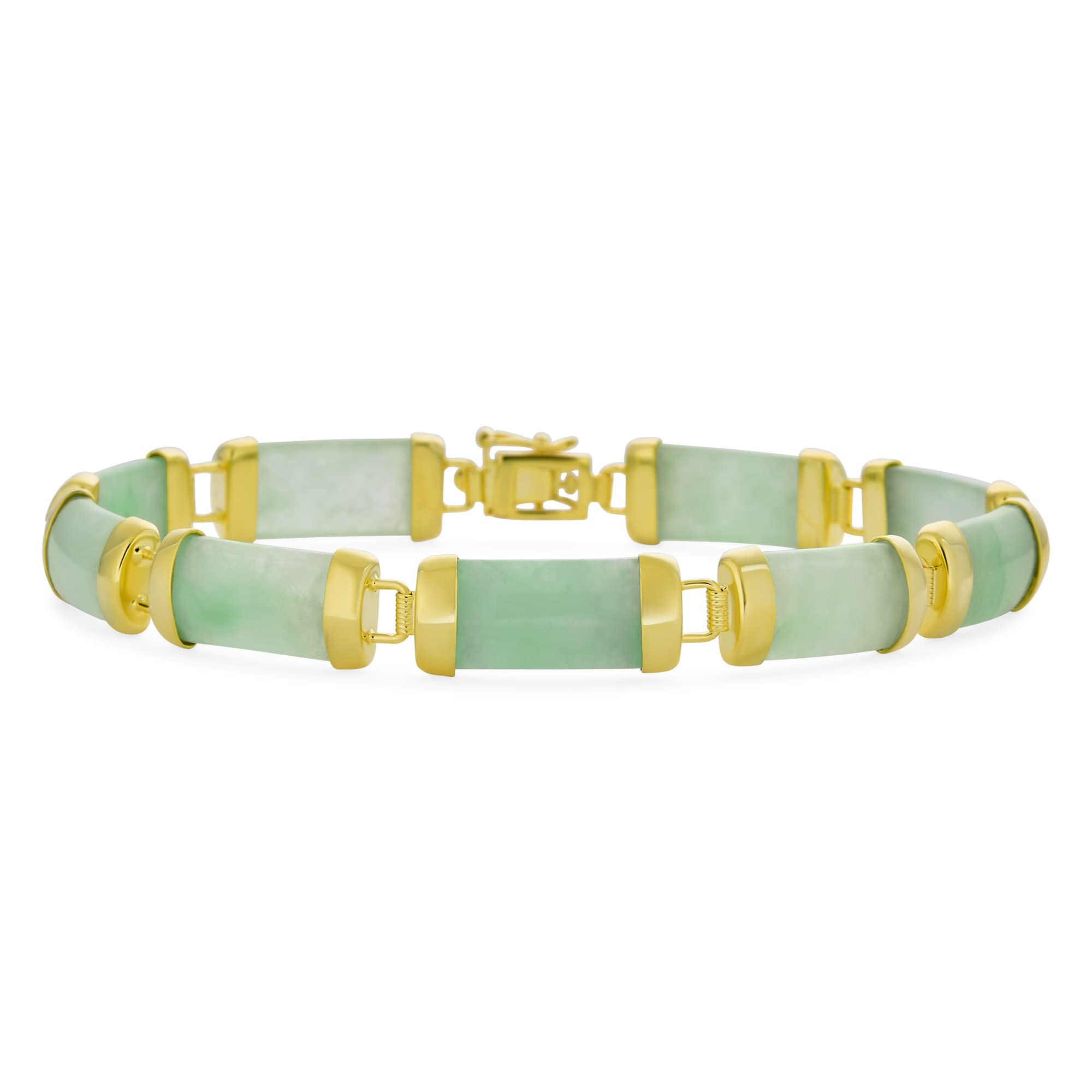 Asian Style Gemstone Genuine Light Green Jade Strand Contoured Tube Bar Link Bracelet For Women 14K Yellow Gold Plated .925 Sterling Silver 7.5 Inch