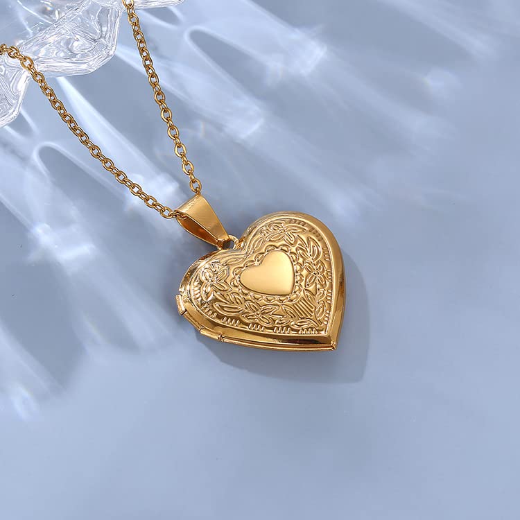 Vintage Engraved Flower Locket Picture Pendant Necklace Antique Carved Pattern Oval Heart Pendant Necklace For Women Hold Picture Souvenir Memorial Jewelry(Gold Heart 1)