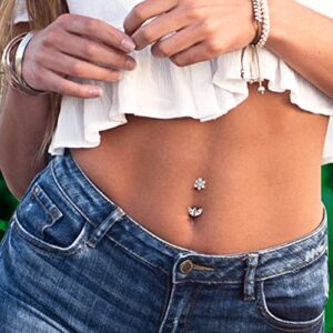 COCHARM Flower 14G Belly Button Ring Silver Small Belly Rings for Women Short Bar Curved Barbell Hypoallergenic Clear CZ Belly Navel Piercing Jewelry