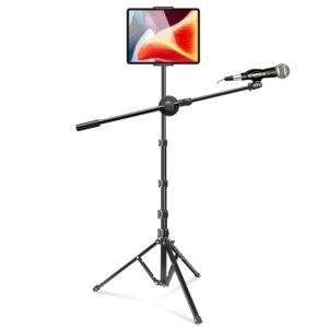 elitehood floor tablet stand & boom mic stand, 68in height adjustable ipad holder stand, portable tripod microphone stand for singing, compatible with ipad pro air mini and 4-12.9’’ phones & tablets