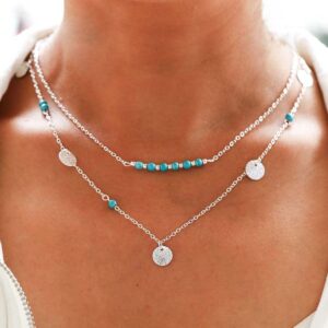 tgirls boho turquoise necklace silver sequin pendant necklace layered beaded necklaces chain western necklace jewelry for women and girls