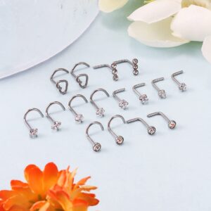 Kwoencxi 20G Nose Rings Stud Piercing Jewelry for Women 20 Gauge Surgical Stainless Steel Screw Twist Spiral L Shaped Bend Silver Nose Nostril Ring Stud Hook Piercing Jewelry Pack Set Men Diamond 2MM