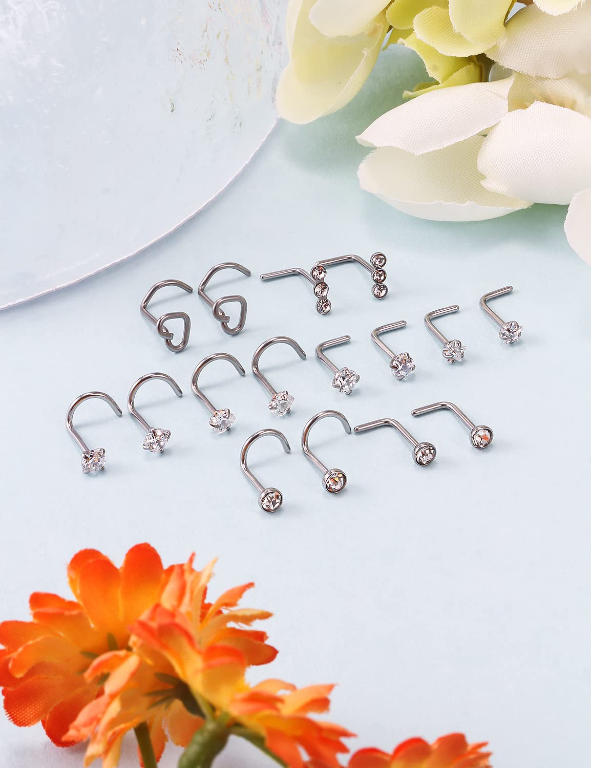 Kwoencxi 20G Nose Rings Stud Piercing Jewelry for Women 20 Gauge Surgical Stainless Steel Screw Twist Spiral L Shaped Bend Silver Nose Nostril Ring Stud Hook Piercing Jewelry Pack Set Men Diamond 2MM