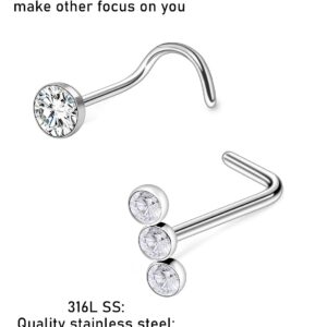 Kwoencxi 20G Nose Rings Stud Piercing Jewelry for Women 20 Gauge Surgical Stainless Steel Screw Twist Spiral L Shaped Bend Silver Nose Nostril Ring Stud Hook Piercing Jewelry Pack Set Men Diamond 2MM