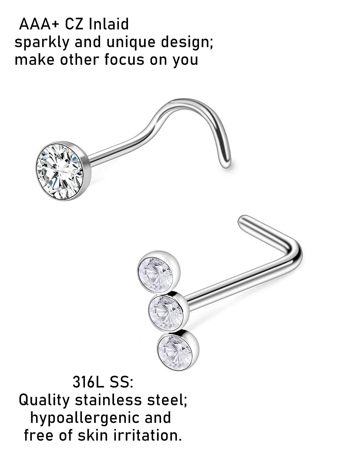 Kwoencxi 20G Nose Rings Stud Piercing Jewelry for Women 20 Gauge Surgical Stainless Steel Screw Twist Spiral L Shaped Bend Silver Nose Nostril Ring Stud Hook Piercing Jewelry Pack Set Men Diamond 2MM