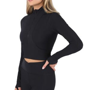 90 Degree By Reflex Womens Interlink Ribbed Half Zip Long Sleeve Crop Top Jacket - Black - Medium