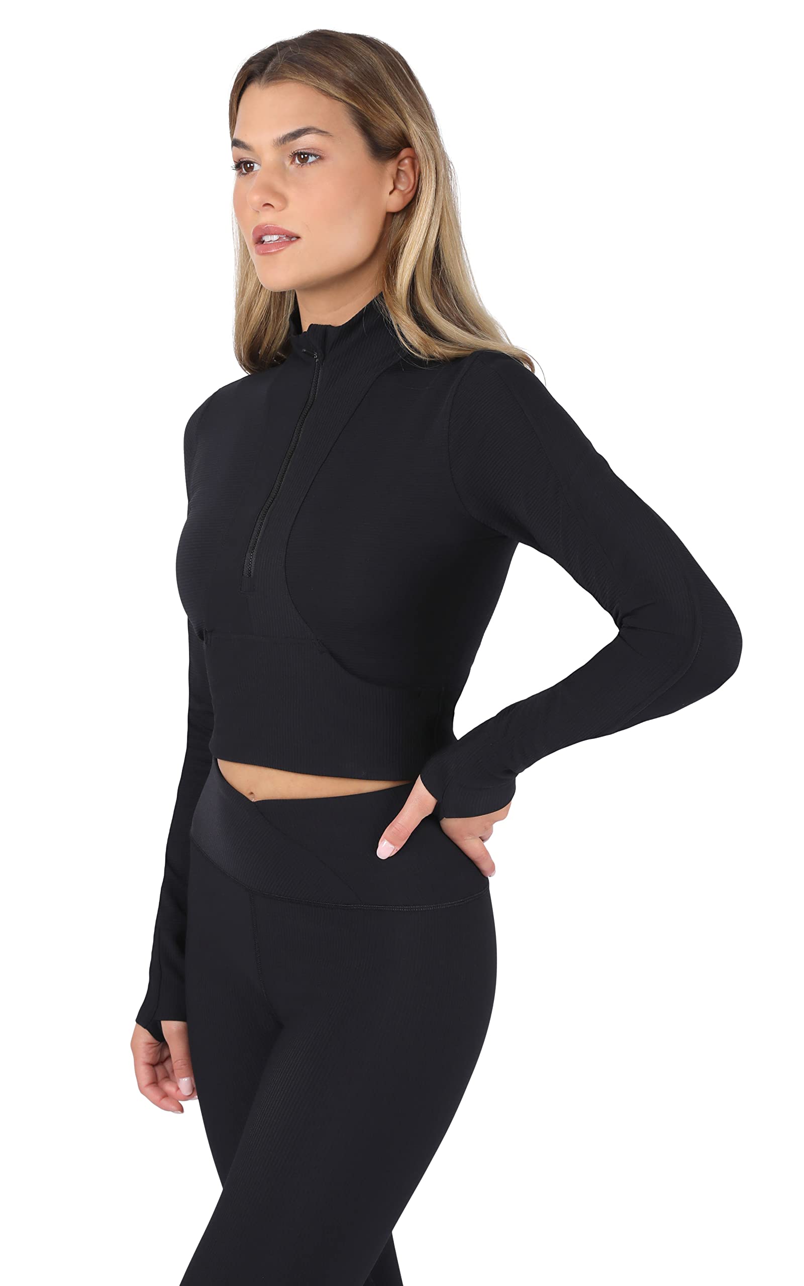 90 Degree By Reflex Womens Interlink Ribbed Half Zip Long Sleeve Crop Top Jacket - Black - Medium