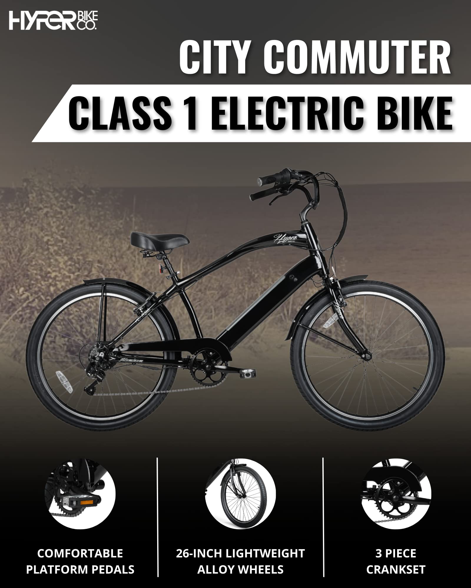 Hyper Bicycles E-Ride 26" Men's 36V Electric Cruiser E-Bike with Pedal-Assist, 250W Motor, Black