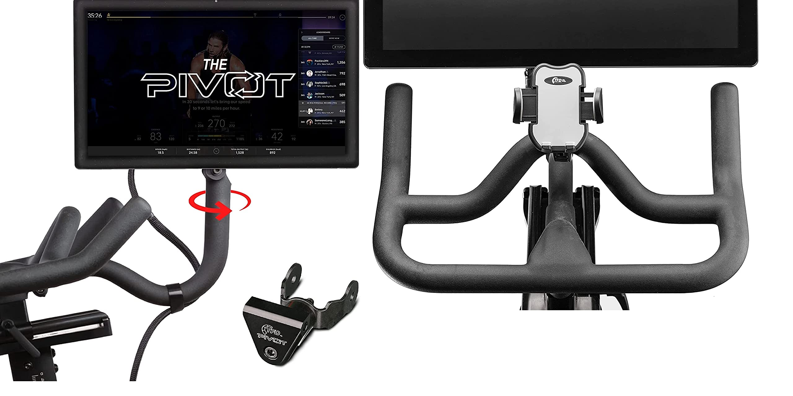 TFD The Pivot for Peloton Bikes + TFD Cell Phone Bike Mount - Expandable Sides Phone Holder for Bike | 360° Movement Monitor Adjuster - Easily Adjust & Rotate Your Peloton Screen | Peloton Accessories