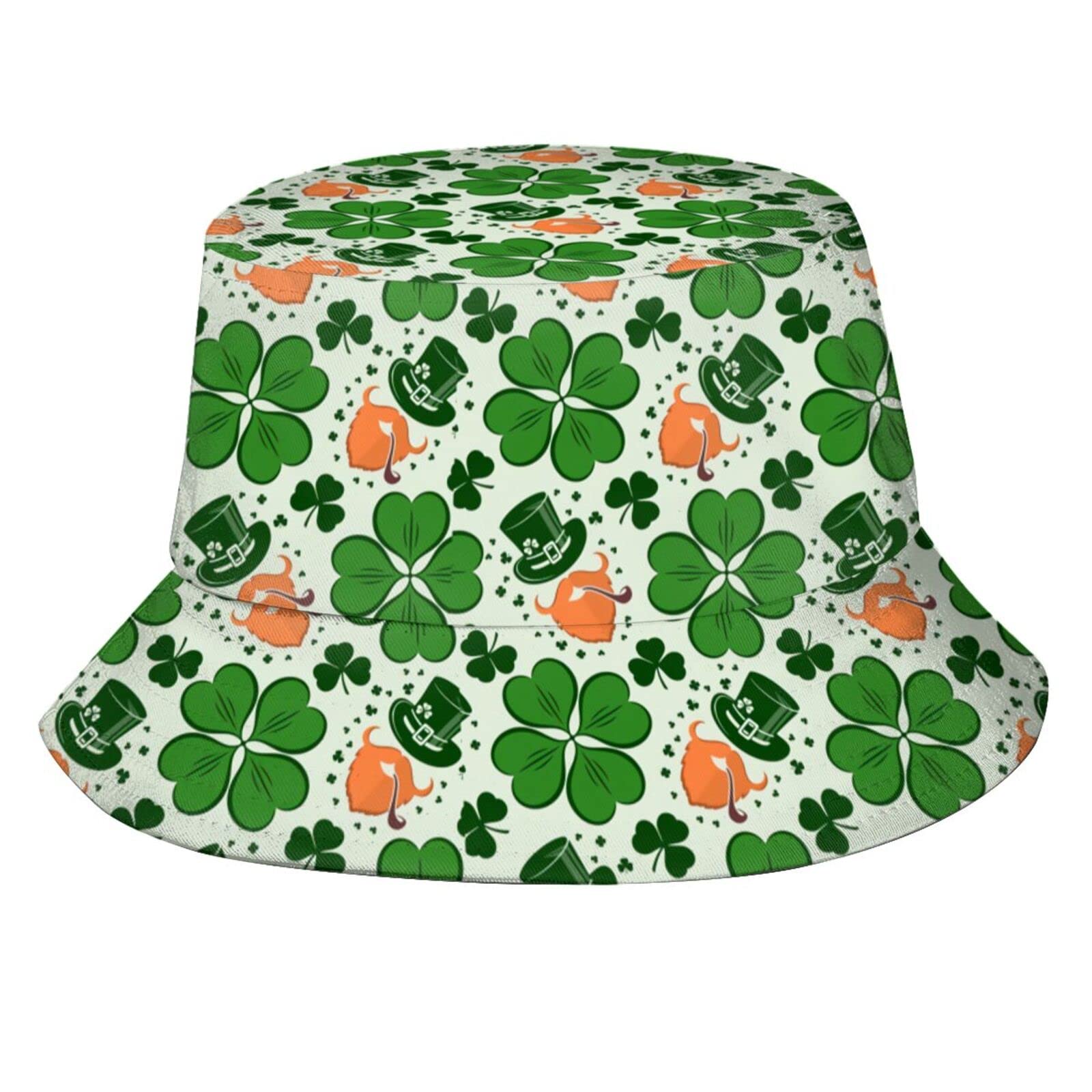 Cute St. Patrick's Day Shamrocks Bucket Hat Packable Green Fisherman Hat Summer Travel Beach Sun Hat for Boys Girls