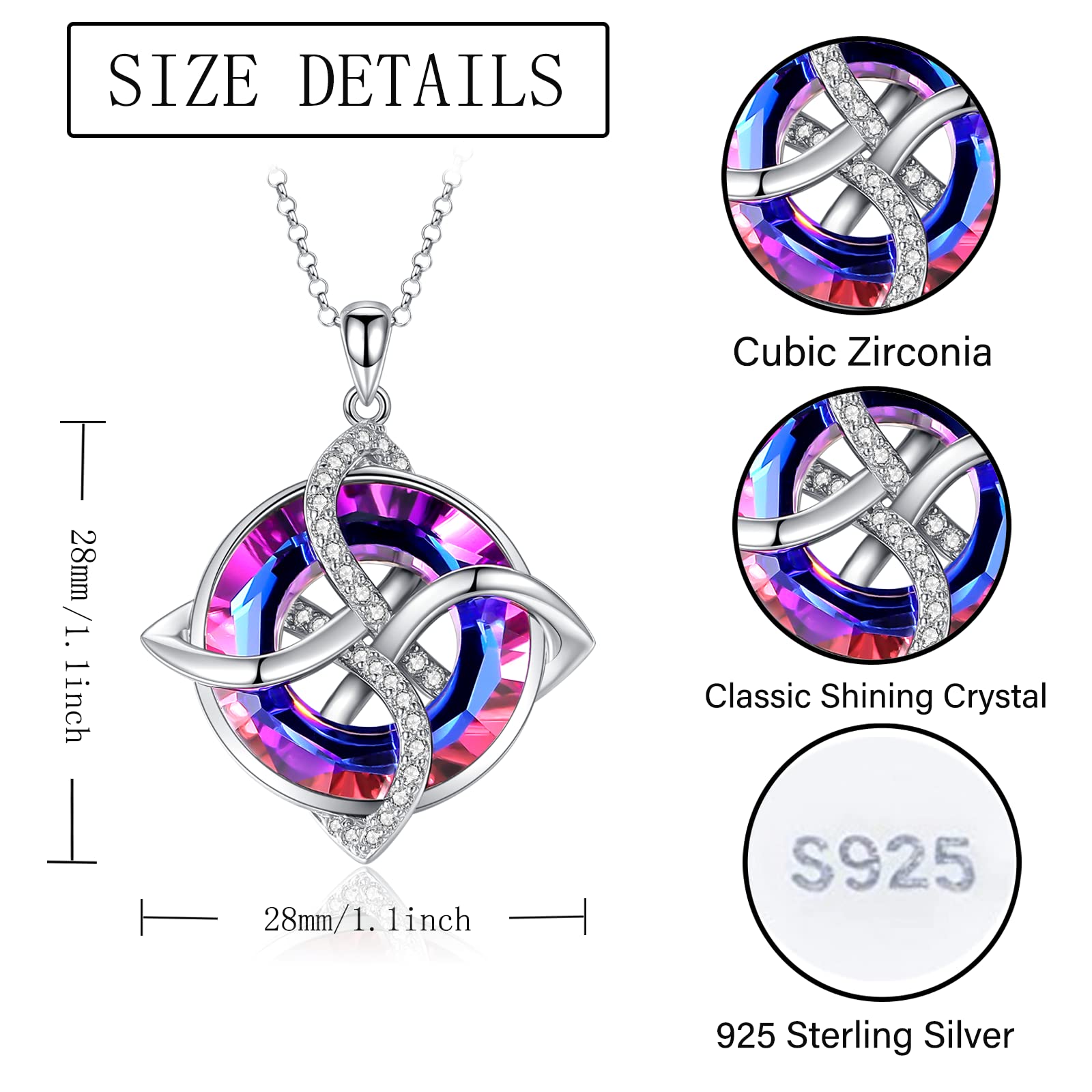 ZLILIJAN Celtic Knot Irish Knot Necklace 925 Sterling Silver Good Luck Pendant Blue Circle Crystal Necklace Irish Symbols Gaelic Jewelry Gift for Women (Purple crystal)