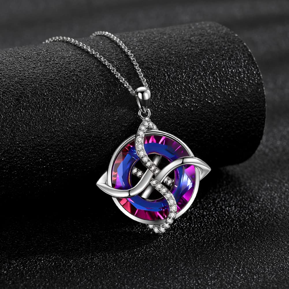 ZLILIJAN Celtic Knot Irish Knot Necklace 925 Sterling Silver Good Luck Pendant Blue Circle Crystal Necklace Irish Symbols Gaelic Jewelry Gift for Women (Purple crystal)