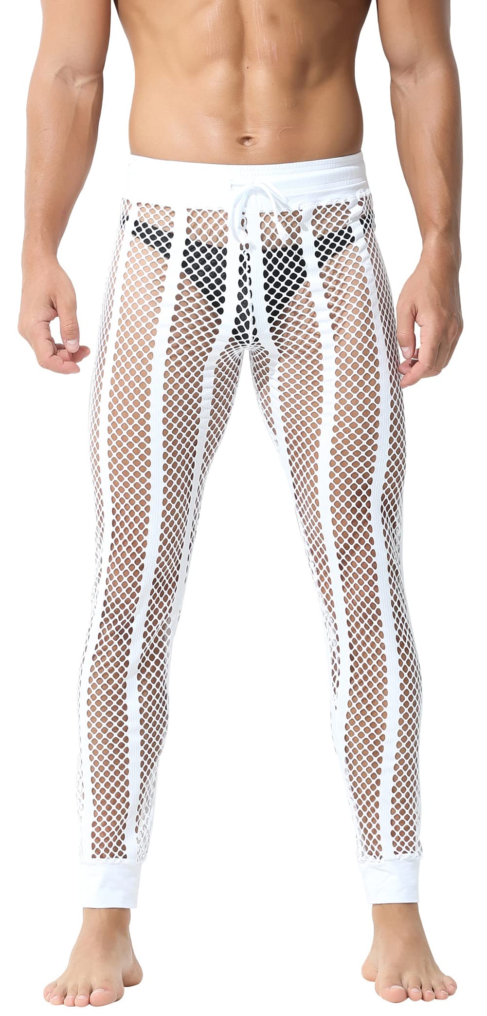 Men's Mesh Fishnet Pants See Through Drawstring Long Lounge Pajamas Muscle Leggings Underpants Underwear Sleepwear Openwork Netted Leggings Loose Bottoms