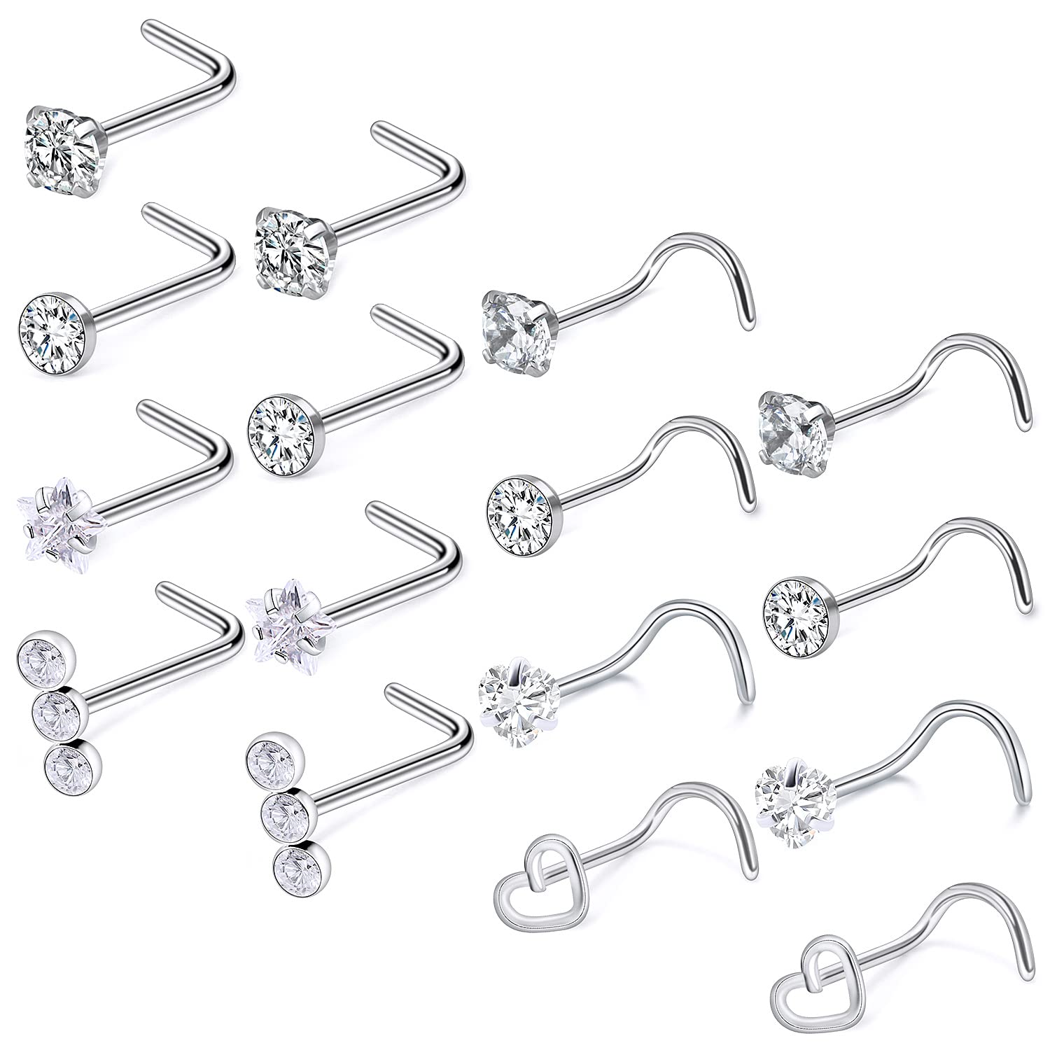 Kwoencxi 20G Nose Rings Stud Piercing Jewelry for Women 20 Gauge Surgical Stainless Steel Screw Twist Spiral L Shaped Bend Silver Nose Nostril Ring Stud Hook Piercing Jewelry Pack Set Men Diamond 2MM