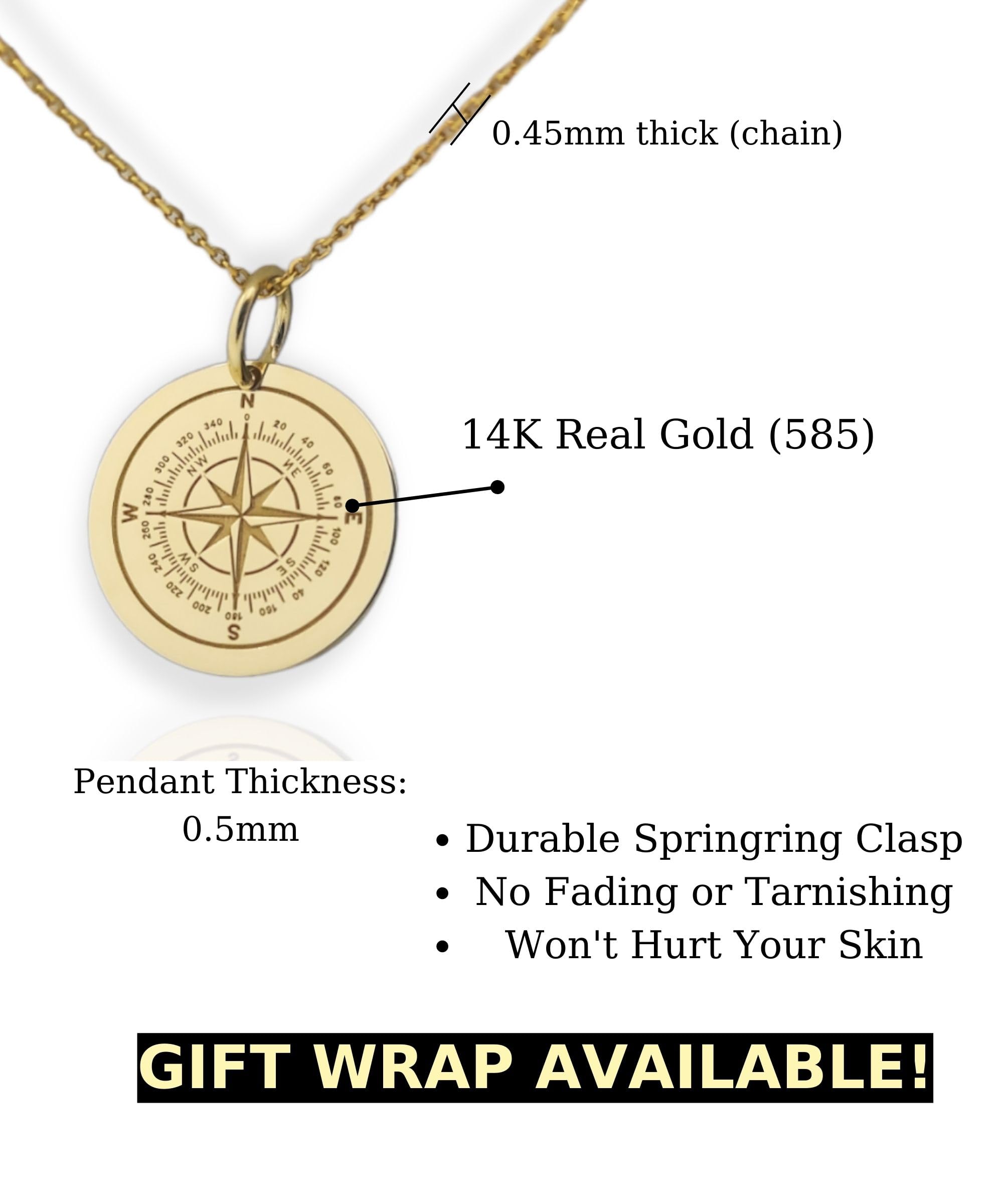 DANELIAN 14K Solid Gold Compass Pendant, North Star Compass Necklace (No Chain Included, 0.55 inches / 13.9mm)