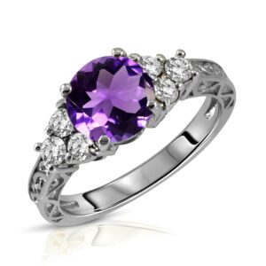 galaxy gold gg size 8.0 sterling silver 925 ring with natural diamonds & round shape natural purple amethyst