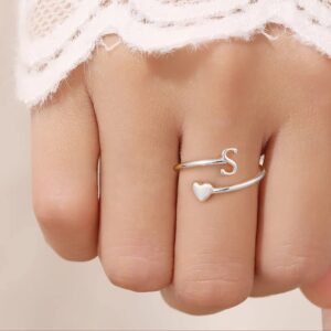 vaoruteng Heart Initial Rings for Women Teen Girls,Gold Plated Initial Heart Ring Stackable Rings for Women Adjustable Initial Rings for Teen Girls Cute Heart Alphabet Letter Rings for Teen Girls,