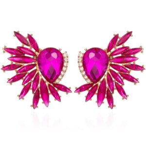 Vintage Hot Pink Rhinestone Statement Earrings Retro Fancy Crystal Cluster Drop Dangle Earrings for Women Prom