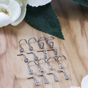 Kwoencxi 20G Nose Rings Stud Piercing Jewelry for Women 20 Gauge Surgical Stainless Steel Screw Twist Spiral L Shaped Bend Silver Nose Nostril Ring Stud Hook Piercing Jewelry Pack Set Men Diamond 2MM