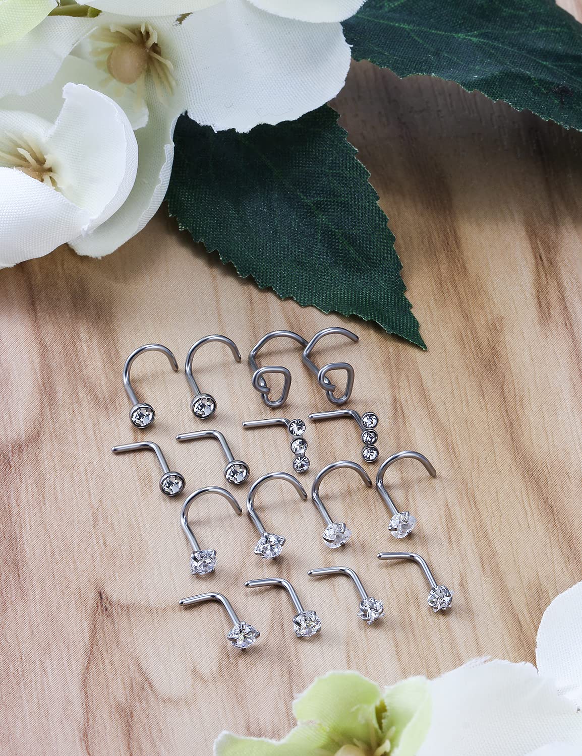 Kwoencxi 20G Nose Rings Stud Piercing Jewelry for Women 20 Gauge Surgical Stainless Steel Screw Twist Spiral L Shaped Bend Silver Nose Nostril Ring Stud Hook Piercing Jewelry Pack Set Men Diamond 2MM