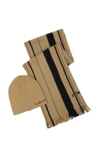 calvin klein men's reversible beanie and raschel scarf set, timeless camel, one size