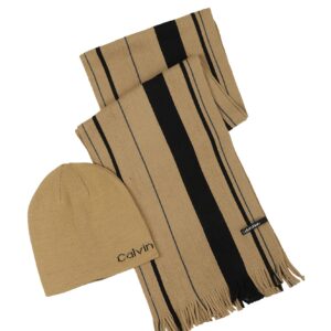 Calvin Klein Men's Reversible Beanie and Raschel Scarf Set, Timeless Camel, One Size