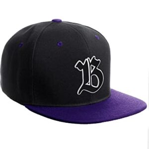 Daxton Classic Snapback Old English A to Z Numbers Initials Flat Bill Visor Cap-Black Purple Hat, Letter B