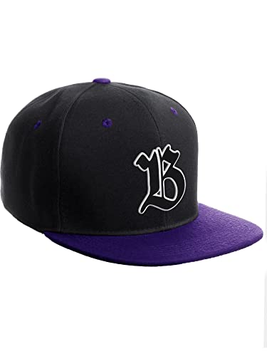 Daxton Classic Snapback Old English A to Z Numbers Initials Flat Bill Visor Cap-Black Purple Hat, Letter B