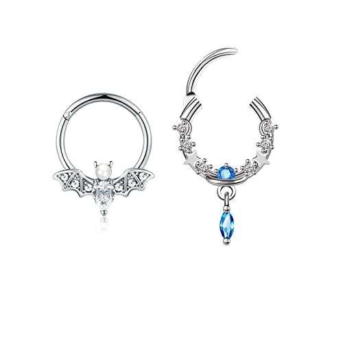 EVISPOL 2Pcs 16G Septum Nose Rings for Women Men, Stainless Steel Halloween Bat Septum Jewelry Dangle Hinged Nose Rings CZ Septum Clicker Cartilage Daith Tragus Helix Ear Piercing Jewelry-Danlge-Silver