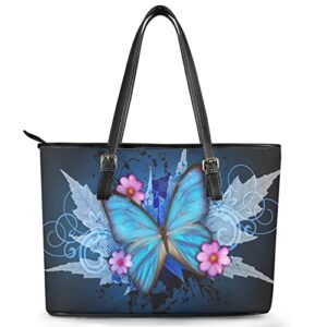 Jndtueit Butterfly Women's Saddle Bag Zippered Purse, Blue Butterflies Flower Tote Handbag Cute Shoulder Bag, Pink Floral Large Capacity Purse Fashion Travel Bags with Pockets