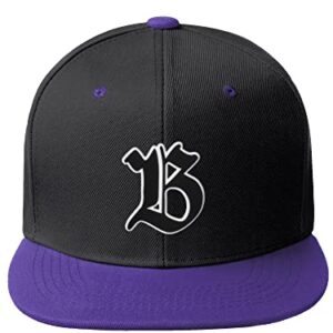 Daxton Classic Snapback Old English A to Z Numbers Initials Flat Bill Visor Cap-Black Purple Hat, Letter B