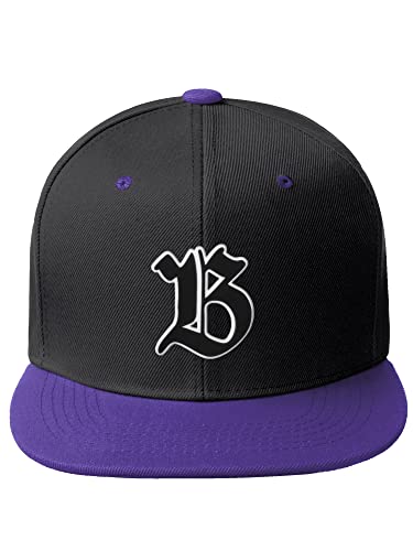 Daxton Classic Snapback Old English A to Z Numbers Initials Flat Bill Visor Cap-Black Purple Hat, Letter B