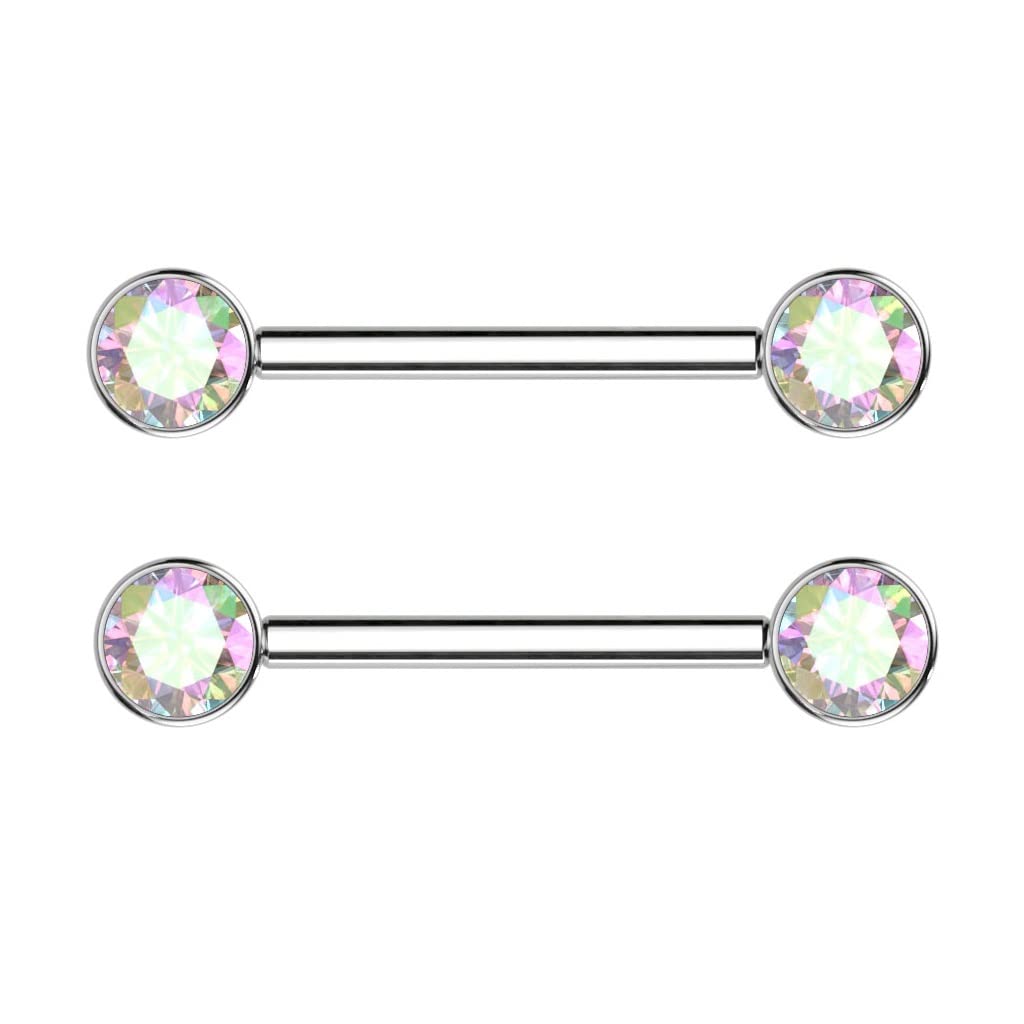 Pierced Owl 14GA Implant Grade Titanium 5/8" Internally Threaded Bezel Set Crystal Nipple Barbells, Sold as a Pair (Aurora Borealis)