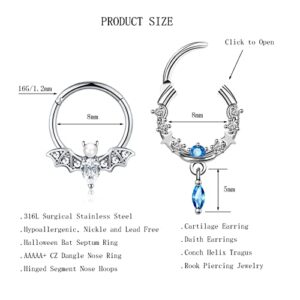 EVISPOL 2Pcs 16G Septum Nose Rings for Women Men, Stainless Steel Halloween Bat Septum Jewelry Dangle Hinged Nose Rings CZ Septum Clicker Cartilage Daith Tragus Helix Ear Piercing Jewelry-Danlge-Silver