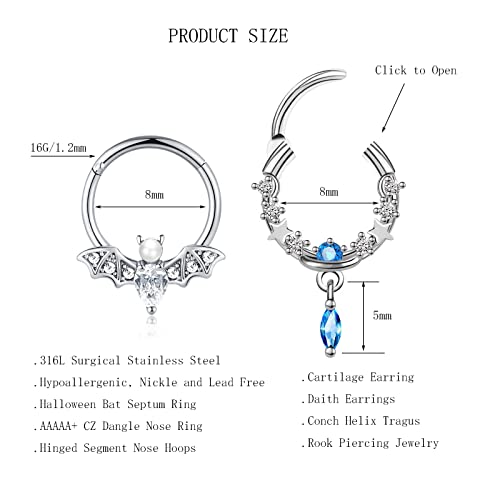 EVISPOL 2Pcs 16G Septum Nose Rings for Women Men, Stainless Steel Halloween Bat Septum Jewelry Dangle Hinged Nose Rings CZ Septum Clicker Cartilage Daith Tragus Helix Ear Piercing Jewelry-Danlge-Silver