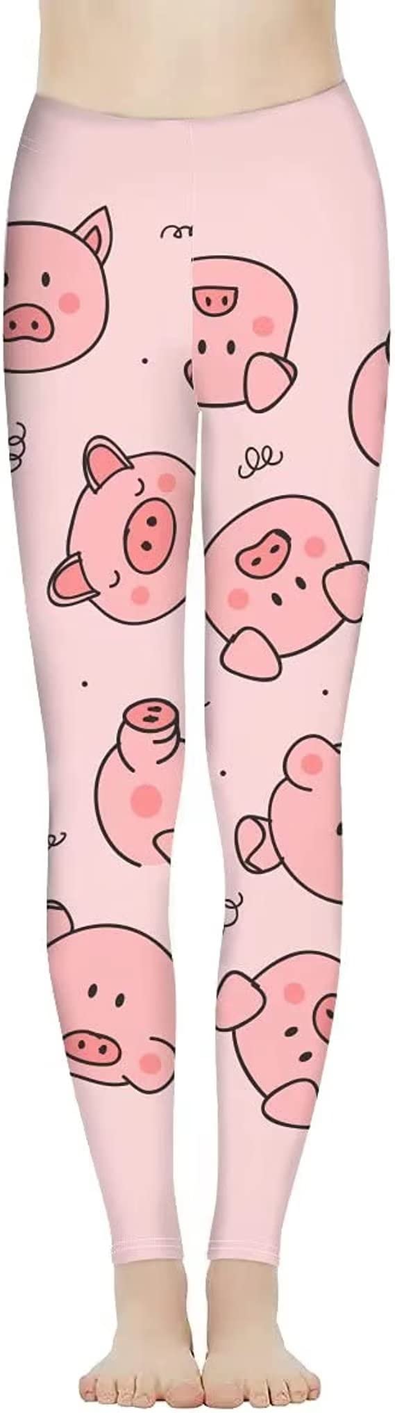 Funny Cartoon Pink Pig High Waist Yoga Pants Cute Pig Face Seamless Pattern Sports Gym Running Leggings Animal Print Pink Background Workout Pants Full Length Tummy Control for Women Teen Girls (XL)