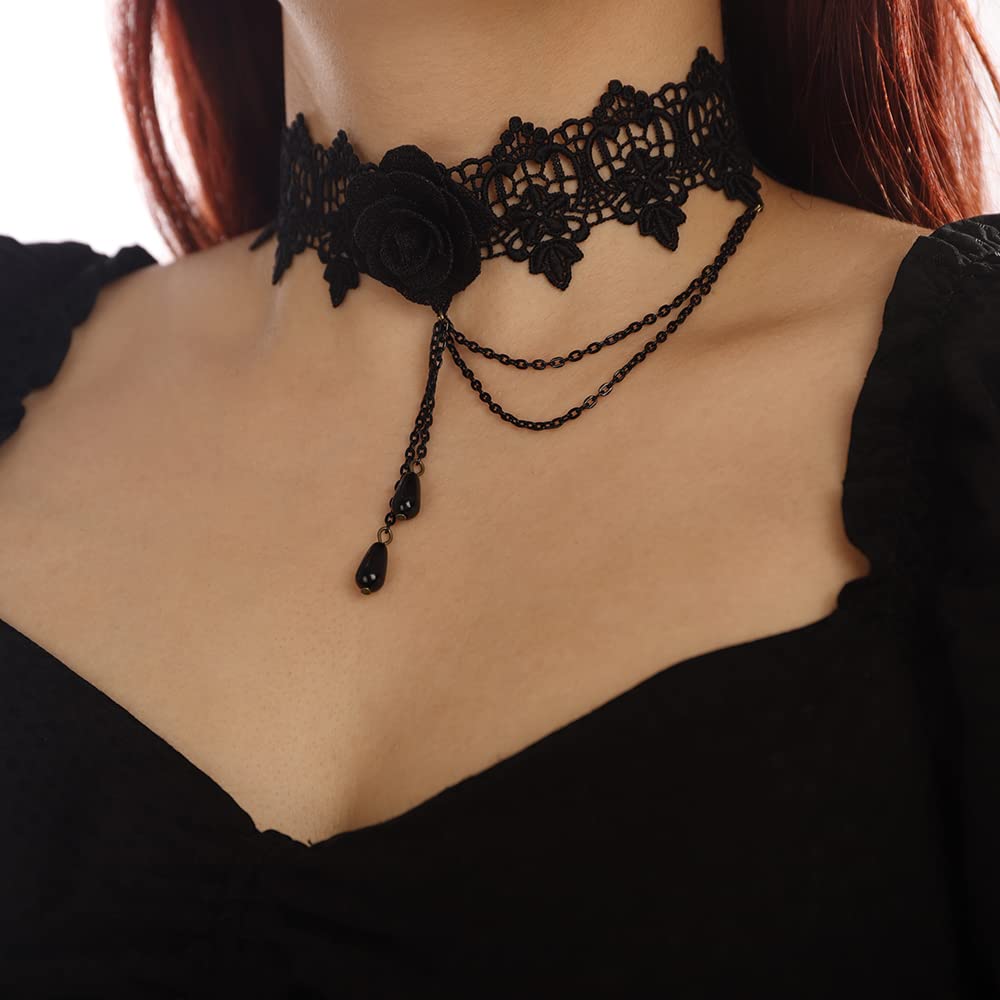 Denifery Black Lace Flower Collar Choker Necklace Punk Choker Chain Costume Party Prom Vampire Choker for Women (Style 3)