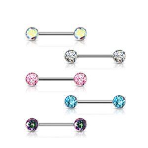 Pierced Owl 14GA Implant Grade Titanium 5/8" Internally Threaded Bezel Set Crystal Nipple Barbells, Sold as a Pair (Aurora Borealis)