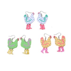 Pingyongchang Funny Cute Kawaii Acrylic Big Rooster Animal Chicken Dangle Dangle Earrings Colorful Boots Chicken Earrings for Women-3 Pairs