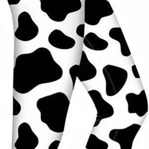 Cow Print High Waist Yoga Pants Black and White Texture Cow Pattern Cowhide Pattern Sports Gym Running Leggings Cute Farm Animal Skin Print Workout Pants Full Length Tummy Control for Women Girls(L)