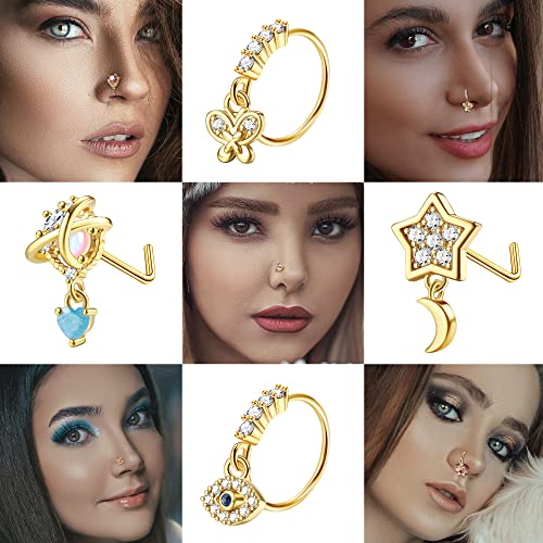 JOERICA 12 Pcs 20G Dangle Nose Rings for Women Nose Stud L Shaped Stainless Steel Nose Ring Hoops Butterfly Heart Moon Flower Evil Eye Crown CZ Dangling Nose Piercing Jewelry